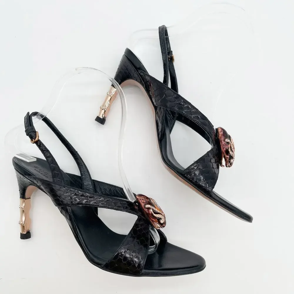 Gucci 2004 Tom Ford Black Python Snakeskin Serpent Head Bamboo Heel Sandals US 6 - Picture 6 of 15